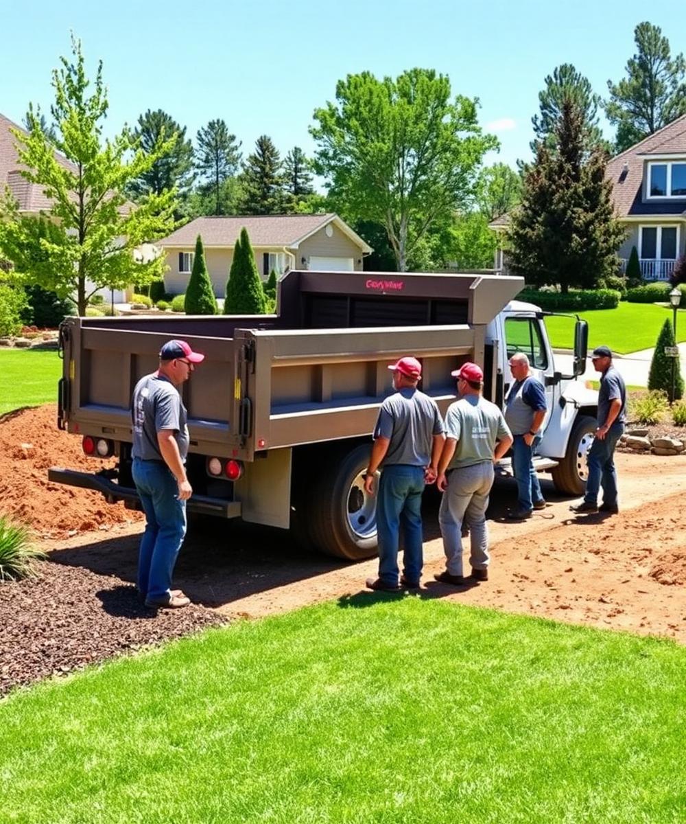 Marsh's Landscaping crew delivering topsoil with a dump truck